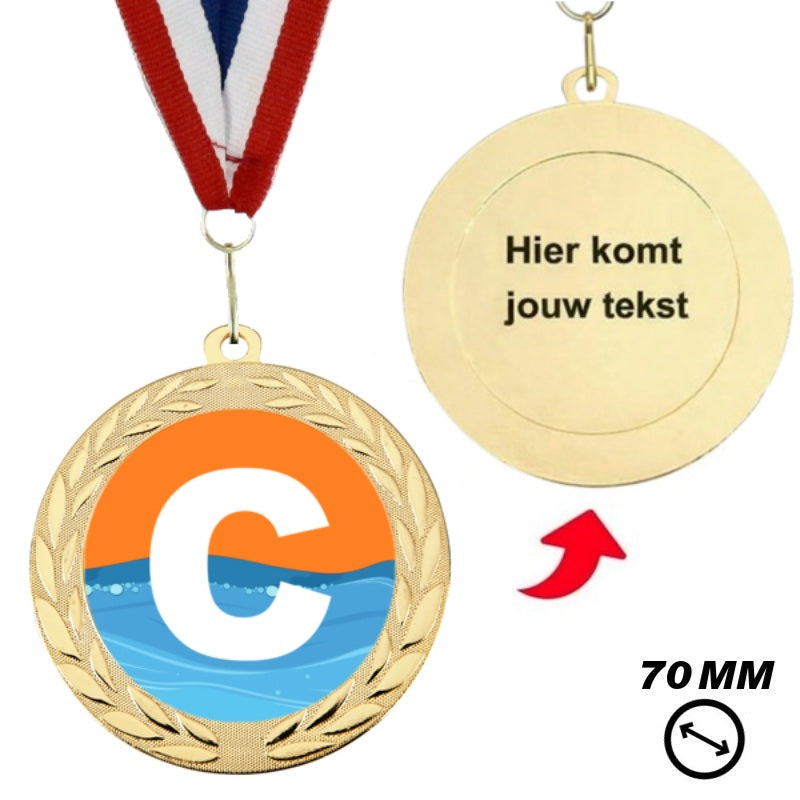 Achterzijde zwemdiploma C medaille 70 mm met mogelijkheid voor tekst