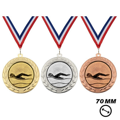 Zwemmen Medaille X70-12 70 mm in goud zilver en brons met halslint